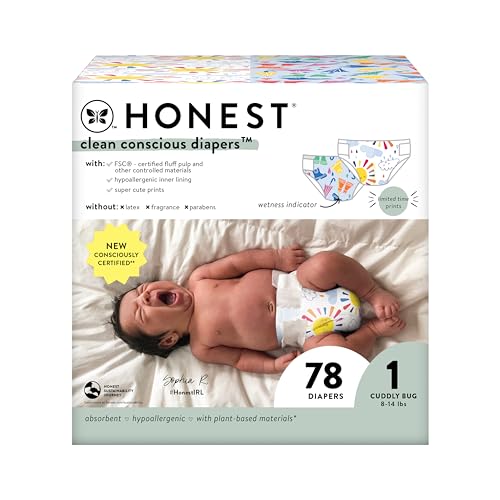 Image of The Honest Company Clean Conscious Diapers | Plant-Based, Sustainable | Limited Edition Prints | Club Box, Size 1 (8-14 lbs), 78 Count