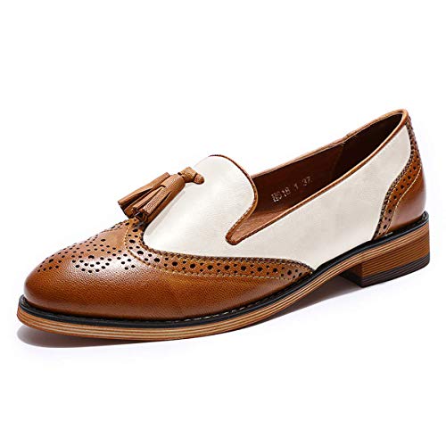 Image of Mona flying Women's Leather Tassel Loafers Slip on Brogue Flat Office Shoes