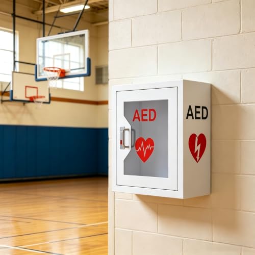 Image of AED Cabinet Wall Mount Storage Cabinet 14.2 x 7.1 x 15.7 Inches Industrial Grade Steel Metal Plate See Through Window Wall Mounted Fits Most Brands of AED Defibrillators