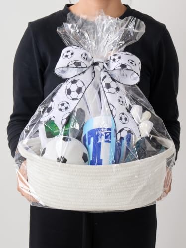 Image of Small Woven Gift Basket Empty - 12 inchx8 inchx5 inch, White /Soccer Ribbon