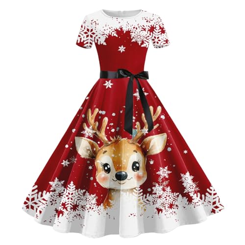 Kleid Weihnachten Damen Kurzarm mit Schneeflockenmuser Und Rentiermuser Lustige Weihnachtskleid Swing Weihnachtskleider Lustige Partykleid Chrismas...