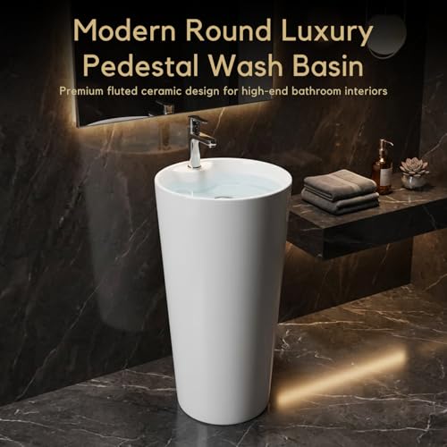 Image of Well Set Luxury Ceramic One Piece Pedestal Wash Basin | Premium Round Stand Wash Basin for Home Office Hotel | White Round