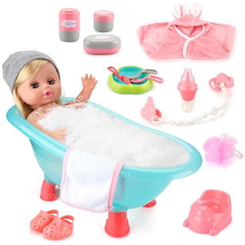 SUKIPIN 14in Baby Doll Bath Playset Pretend Gifts for Girls 3-5