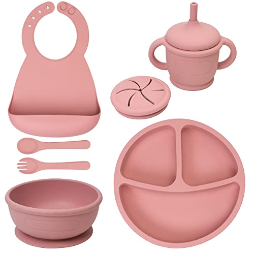 Baby Led Weaning Supplies, Premium Quality 8 Piece Silicone Baby Feeding Set with Strong Suction Plate and Bowl, 3-in-1 Cup, Bib, Fork and Spoon Utensils, Full Toddler Dinnerware Flatware Set