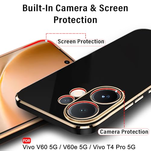 Image of TheGiftKart Luxurious Golden-Plated Back Cover Case for Vivo V60 5G / V60e 5G / Vivo T4 Pro 5G | Raised Lips for Camera & Screen Protection | Shockproof Design | Stylish Back Cover Case (TPU, Black)