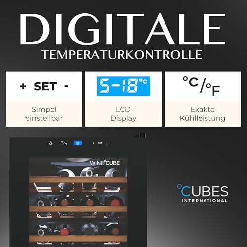 Weinkühlschrank 28 Flaschen (90L) mit eleganter Glastür & hochwertigen Regalen aus Buchenholz | 5-18°C, vibrationsarm & leise (40dB) | Weinschrank mit LED Display - Tolles Geschenk – Bild 6