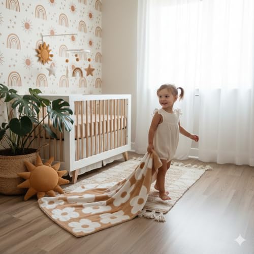 Image of L+L USA Retro Daisy Flower Baby Blanket 28 inchx40 inch - DreamSoft Throw for Crib, Stroller or Car Seat - Soft Blanket /Newborn Nursery Gift Essential for Toddler, Infant, Kids, Boys & Girls (Cafe /White)