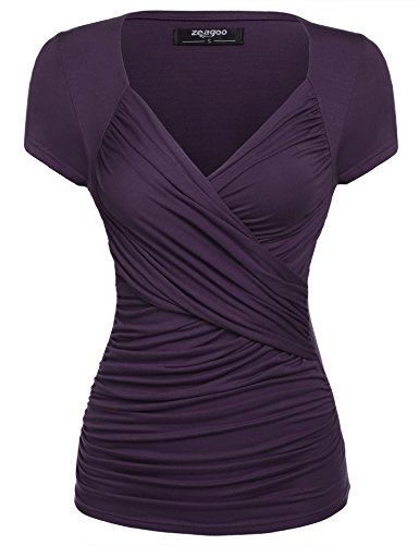 Zeagoo Women Hip Length V Neck Top Solid Short Sleeve T Shirt Tunic Blouse,Purple,Medium