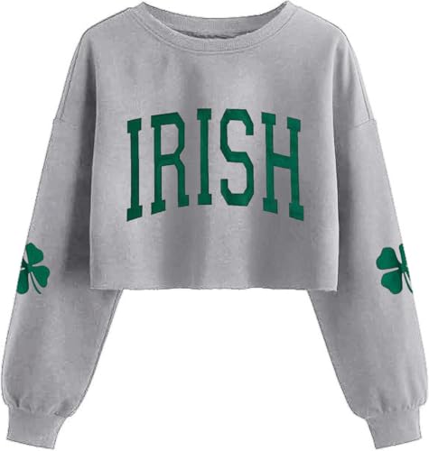 Boikukx Women St Patricks Day Crop Sweatshirt Irish Lucky Four Leaf Clover Graphic Pullover Casual Long Sleeve Printed Tops(M Grey-Irish)