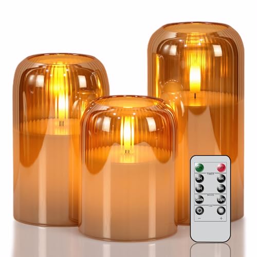 Velas LED de cera real en vidrio rayado dorado de diseño exclusivo con temporizador