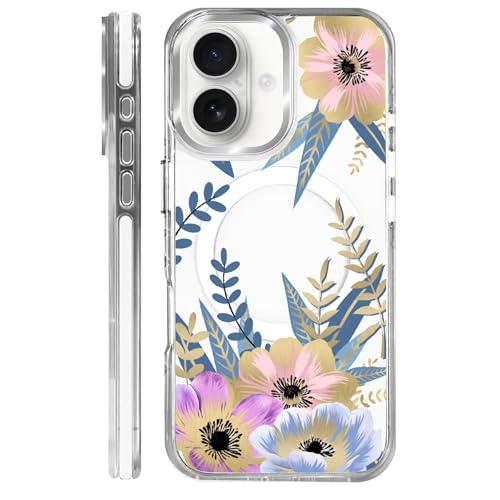 Coque iPhone 16 MagSafe transparente et antichoc avec protection de caméra motif pétale pour femme