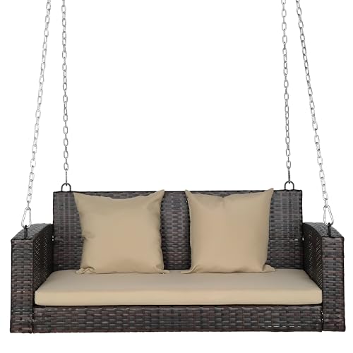 Image of Patio Outdoor Double Seater Swing Chair Without Stand for Balcony, Garden | Weather Resistant Rattan & Wicker Hammock Jhula for Adults | Outdoor Sofa Swing (Brown and Cream)