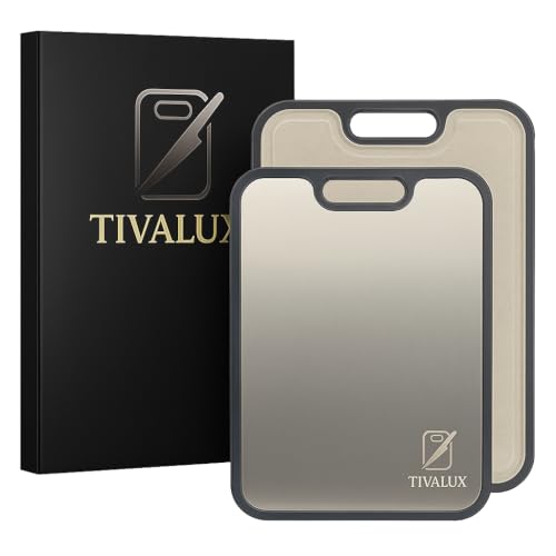 TIVALUX Tabla de Cortar de Titanio Puro Doble Cara 38.5x26.5 cm, Antibacteriana con Borde de Silicona, Antideslizante, Apta Lavavajillas, 100% Inoxidable, con Trigo Ecológico - Tabla Cortar Titanio