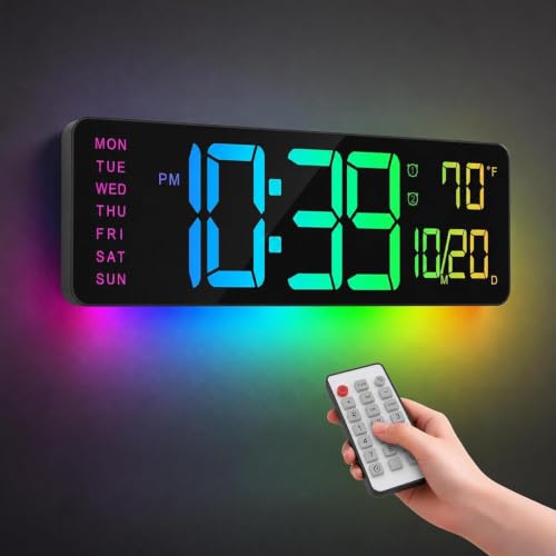 16" Large Digital Wall Clock for Classroom with RGB Remote Dual Alarm Timer