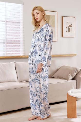 Image of YiNi LuLu Womens Silk Satin Pajamas Set Button Down 2 Piece Pjs Long Sleeve Oversized Sleepwear with Pockets