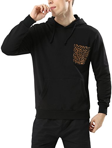 uxcell Men's Drawstring Pullover Kangaroo Leopard Print Hoodie Sweatshirts Black M US 40