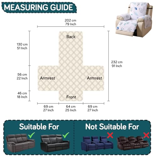 Image of HOKIPO Quilted Recliner Cover Mat for 1 Seater, Cloud White Botanical