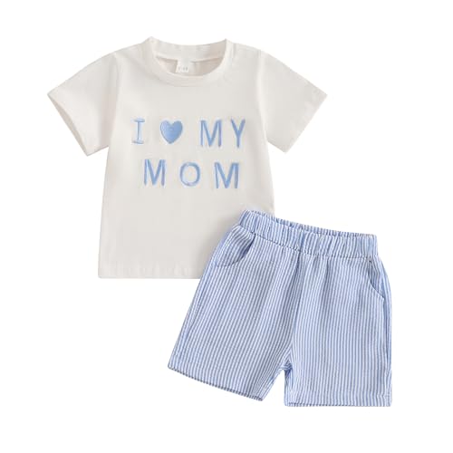 Finegoodwei Summer Baby Boys Mother Day Clothes Sets Embroidery Short Sleeves T-Shirt Striped Shorts Toddler Outfits (Sky Blue, 2-3T)