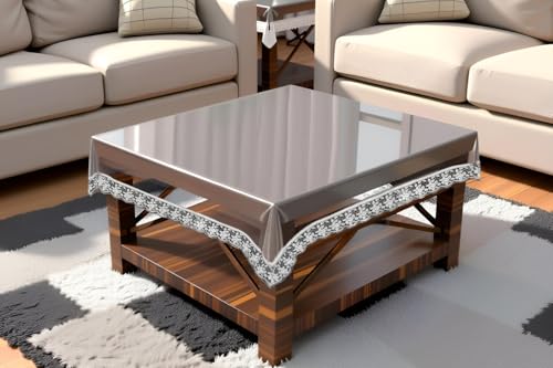 Image of The Furnishing Tree Square Shaped Center Transparent Table Cover WxL 48x48 inches 0.25 mm Thickness with Silver Lace