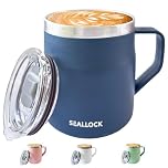 SiHuiTu Ins Style Coffee Cup, Insulated Stainless Steel Desk Cup, Coffee Mug with Lid & Handle – Reusable Office Mug​ for Hot & Cold Drinks, Modern Design, 450ml (Blue)