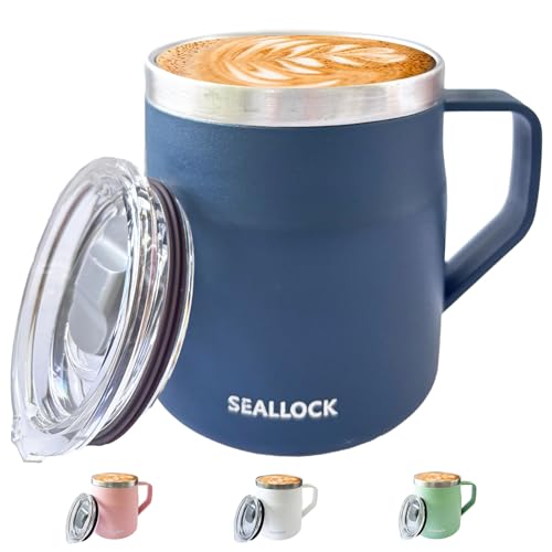 Image of SiHuiTu Ins Style Coffee Cup, Insulated Stainless Steel Desk Cup, Coffee Mug with Lid & Handle – Reusable Office Mug for Hot & Cold Drinks, Modern Design, 450ml (Blue)