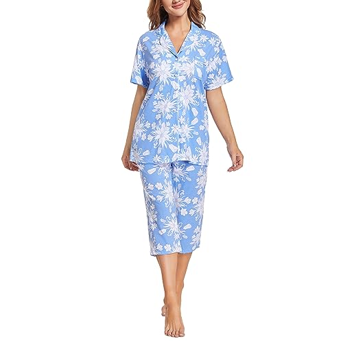 Image of Tugege Capri Pajamas Set Womens Button Down Short Sleeve Lounge Sets Sleepwear Notch Collar Top & Capri 2 Piece PJ Sets
