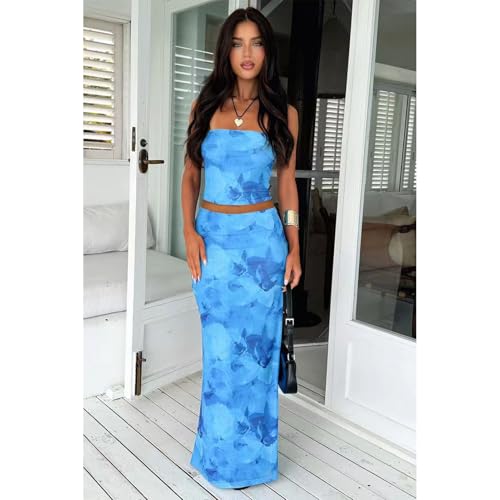 2 Piece Skirt Sets for Women Summer, Floral Sleeveless Tube Top Bodycon Maxi Skirts Y2k Vacation Going Out Outfits2
