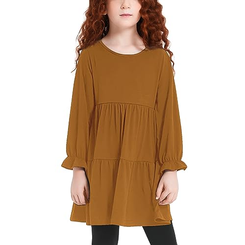 QPANCY Girls A-Line Tiered Dress Casual Flounce Long Sleeve Flowy Pleated Ruffle Hem Dress