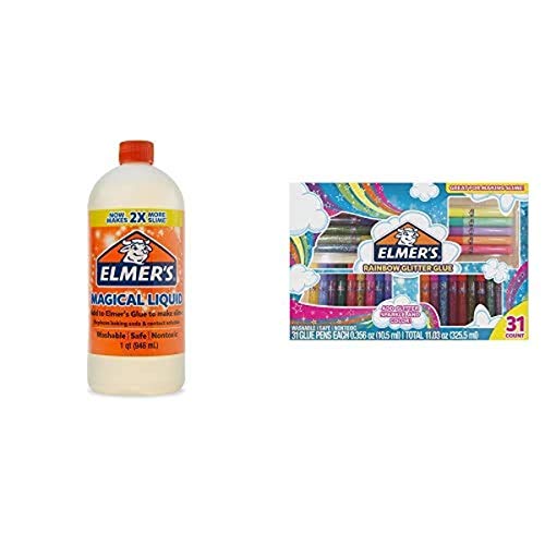 Elmer's Glue Magical Liquid Activator Solution, 1 Quart, for Making Slime, Clear + Glitter Glue Pen Set, 31 Count