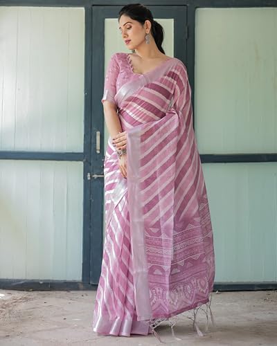 Image of Kaugalian store Linen Cotton Floral Printed Saree for Women with Unstitched Blouse Piece | 5.5 M Saree & 0.8 M Blouse