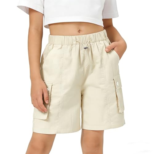 Image of Rolanko Girls Cargo Shorts Lightweight Parachute Short Pants with Pockets Summer Cargo Shorts for Kids Casual Hiking Sports