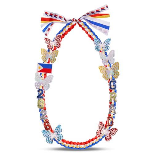 Image of Class of 2026 Philippines Graduation Leis,Double Gold Graduation Lei Ribbon with Butterfly and Pins Accessories,Flowers Congrats Graduates Money Lei Handmade Graduation Gift for Her College