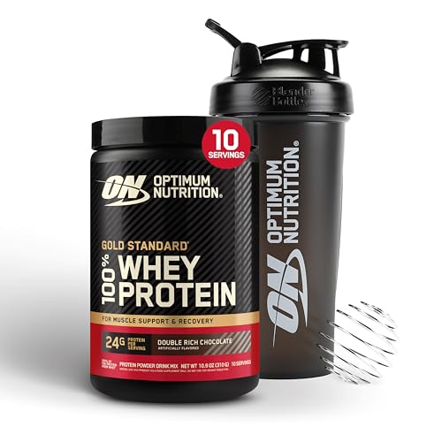 Image of Bundle of Optimum Nutrition Gold Standard 100% Whey Protein Powder, Double Rich Chocolate, 10 Servings, 0.68 Pounds (Pack of 1) + Optimum Nutrition Shaker Cup, 28oz, Pack of 1