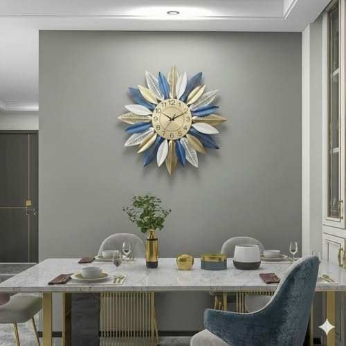 Image of European Style Luxury Analog Metal Build Design Decorative Wall Clock Perfect for Home and Office /Hotel /Restaurant /Living Room Decoration /Durable /Aesthatic Looks (Blue Petal Clock)