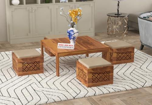 Image of Sheeshsam Wooden Coffee Table with 4 Stools for Living Room - Solid Wood Coffee Table with Cushion Seating Stools Tea Table Teapoy Center Piece for Home Sofa Center Table (Kaine Honey)
