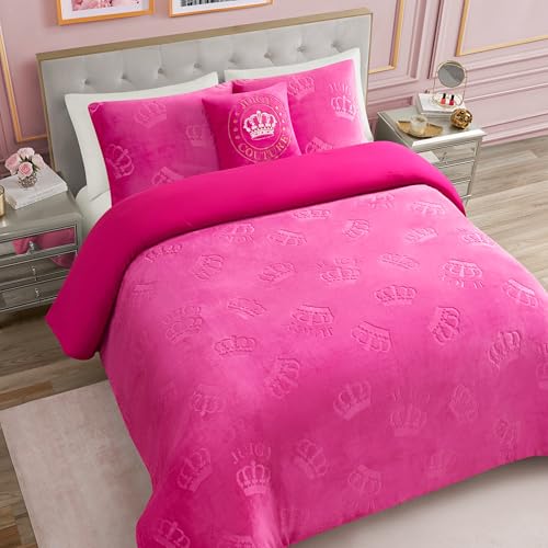 Image of Juicy Couture Plush Reversible Embossed Crown 3-Piece Twin /Twin XL Comforter Set with Decorative Pillow, Hot Pink