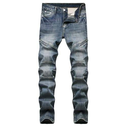 Jeans Pants Trouser Denim Retro Blue Wrinkle Tight Trendy Street Personality Stretch Slim Fit Casual Commuter Straight Leg for Men(Blue,33)