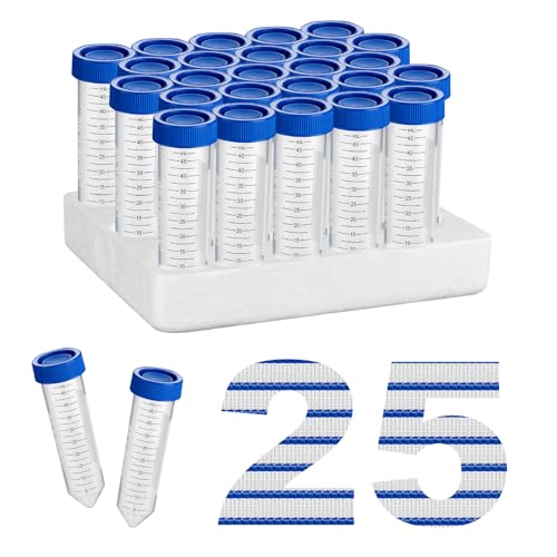 CryoKing 遠沈管50mlプラグシールスクリューキャップ付きポリプロピレン試験管25個、9400 RCF、目盛り付き&書き込みエリア付きプラスチック遠沈管、ラックパッケージ、DNase/RNaseフリー