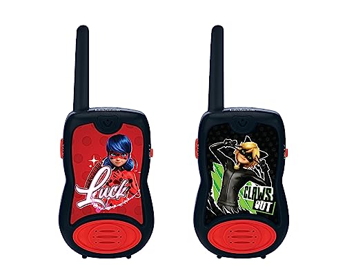 LEXIBOOK, Miraculous Ladybug Chat Noir, Walkie-talkies 200m, Juego de comunicación para niños, 2 Canales de comunicación, Clip para cinturón, Negro/Rojo, TW12MI