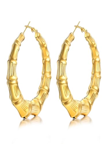 KeyStyle Bamboo Hoop Earrings for Women, Stainless Steel 90s Hoops Earring Lightweight Loops for Party, 2 mm Thick Hypoallergenic Vintage Circle Endless Thin Hoop (40mm, 60mm, 80mm,)