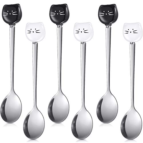 Patelai 6 Pieces Cute Stainless Steel Cat Head Coffee Spoon, Cat Lover Spoon, Lovely Spoon, Ice Cream Dessert Spoon for Stirring Tea Coffee Sugar Dessert (Black, White)