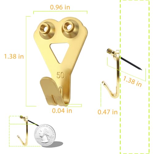 Image of Picture Hangers Heavy Duty, Extra Thick, 50 lb, Decorative Hanging Hooks Hardware for Drywall and Plaster Walls with Large Nailers and Nails, Painting, 20pcs, Gold