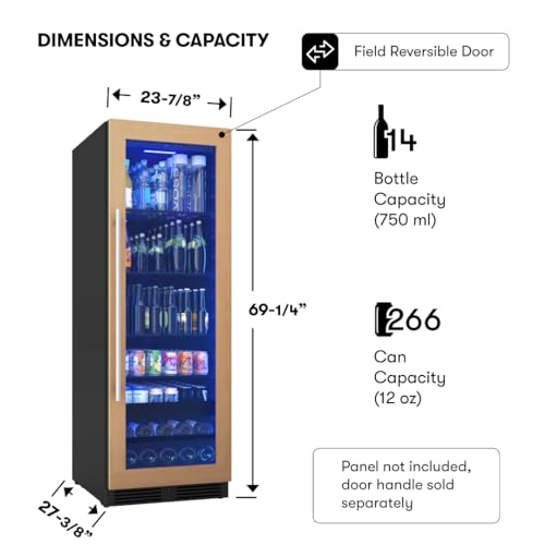 Image of Zephyr 24 Inch Panel-Ready Wine Fridge & Beverage Refrigerator Single Zone Full Size - Tall Wine Cooler Cellars Large Bar Drink Freestanding w /Glass Door - 266x12oz cans & 14x750 ml bottles
