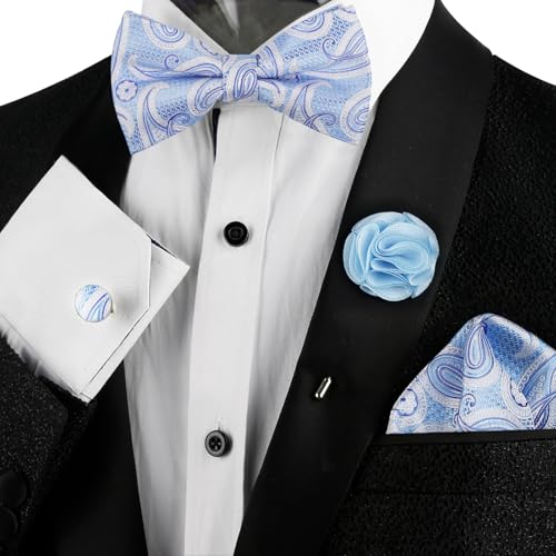 Image of Alizeal Mens 4pcs Vintage Paisley Bow Tie Set | Pre-tied Pocket Square Cufflinks Boutonniere for Wedding Everyday Use