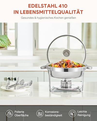 Wilprep Chafing Dish Set 5,5L Rund Speisenwärmer mit Glasdeckel Erstklassiger 410 Edelstahl Wärmebehälter Suppenwärmer Warmhaltebehälter für Buffets, Familienfeiern, Bankette – Bild 3