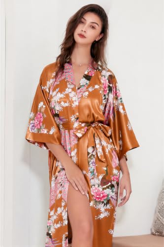 Image of BABEYOND Women's Kimono Robe Long Satin Robes with Peacock and Blossoms Printed Kimono Nightgown