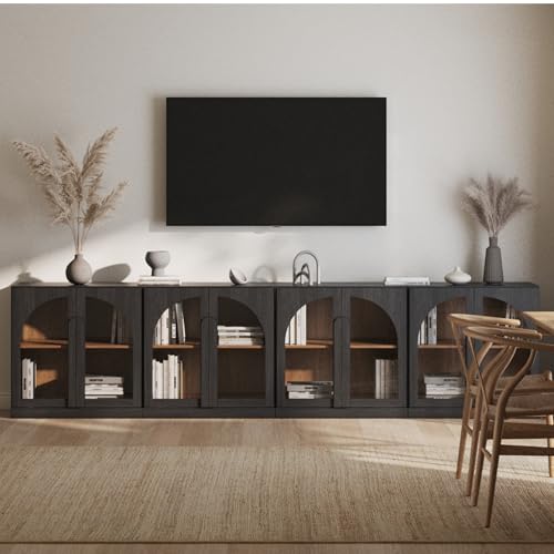 Image of BELLEZE 4-Piece Modular TV Stand Set,Modern Entertainment Center with Arched Glass Door,Sideboards with Adjustable Shelves & Wide Wooden Handle,Classic Media Console Cabinet for Living Room(Ebony)