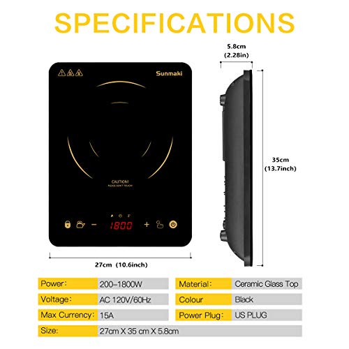Sunmaki Induction Cooktop, Induction Hot Plate With Led Display, 1800W Countertop Burner Portable Black Crystal Glass Surface 10 Temperature 9 Power Setting &3H Timer For Cooking #TOP7