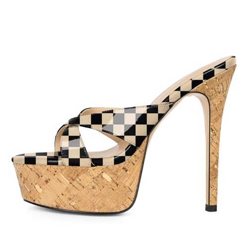 Image of Esvowido Heeled Mules for Women Cork Platform Stiletto Heels Slip on Open Toe High Heeled Sandals Crisscross Slippers Pumps Shoes
