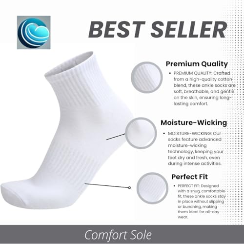 Image of 6-Pack Women's White Ankle Socks - Comfortable, Breathable, Moisture-Wicking Cotton Blend, Size 8-12